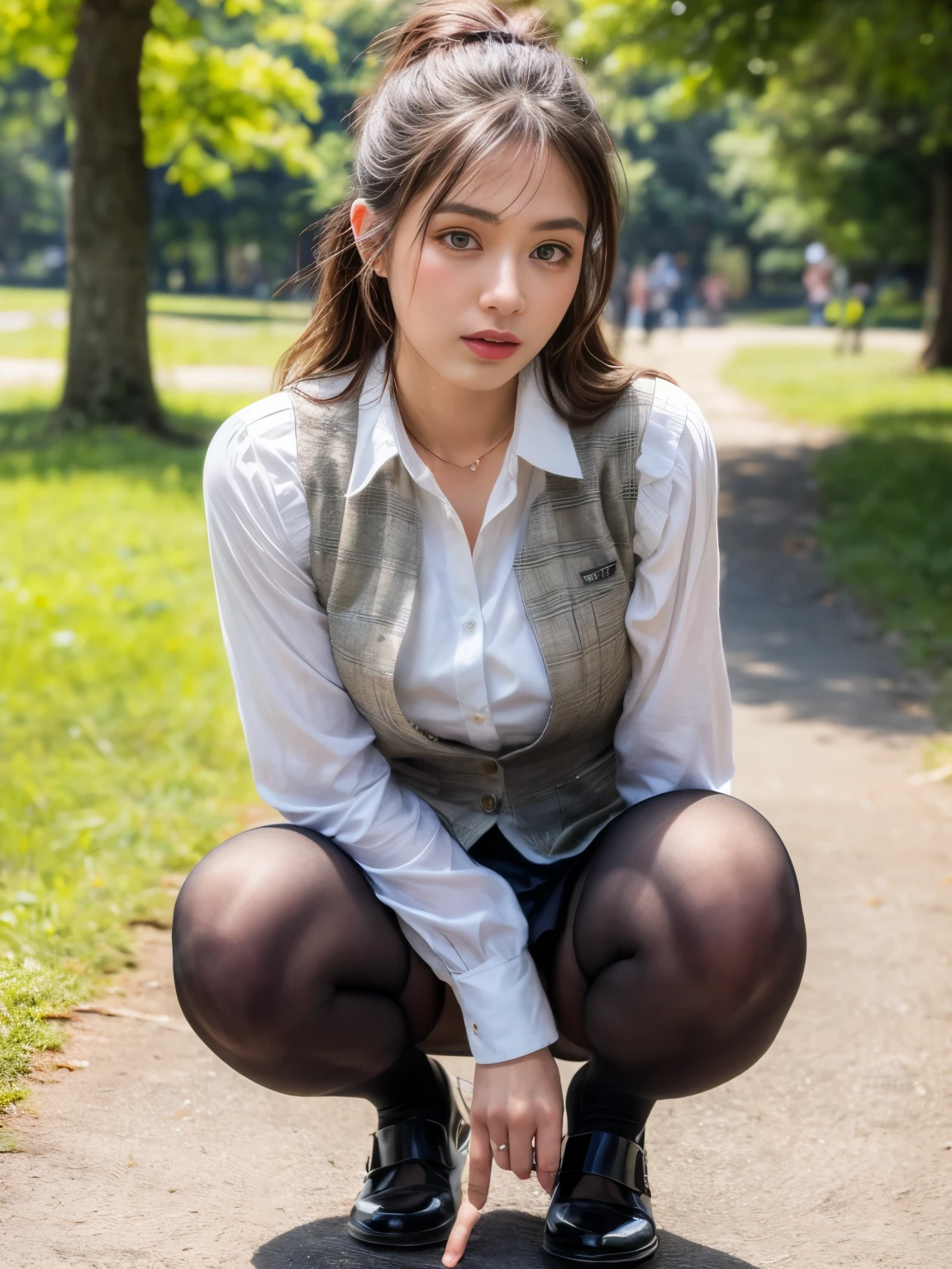 (((masterpiece))), (((highest quality: 1.4))), ((Super Detail: 1.4)) ,ulzzang-6500-v1.1, (RAW Photos:1.2), (Photorealistic),(Genuine: 1.4), (Mastepiece), highest quality, shape, Very detailed, finely, High resolution, 8k wallpaper, 完璧なダイナミックな構shape, Beautiful and detailed, (Plaid vest), , A tough challenge, (Ultra-realistic pantyhose:1.2), Skirt and medium hair,, Natural color lip, Bold sexy pose, Squatting in the park、(Very embarrassed:1.5)、23-year-old woman、cute、sexy shot looking at camera, Realistic skin texture、Shiny skin、Exposed thighs!!! (Full Body Shot:1.4), Natural Skin Shader, Volumetric, Warm shades beneath her skin, peeing self