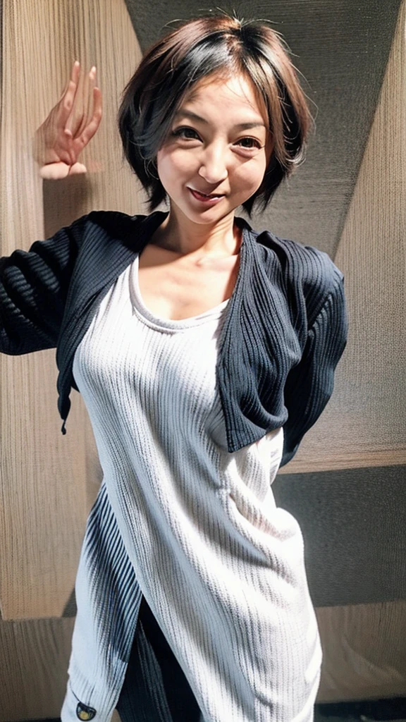 ((highest quality)), ((masterpiece)), Perfect Face, Mature Woman, 65 years old, Japanese, return, (Cum in mouth), (Open your mouth), Big Breasts, Large areola, Erect nipples, Round and small face, Big Nose, length, Narrow eyes, Cat-like eyes, , Big Ass, Full body image, Tank top, thin fabric hot pants,good, Wavy short hair,