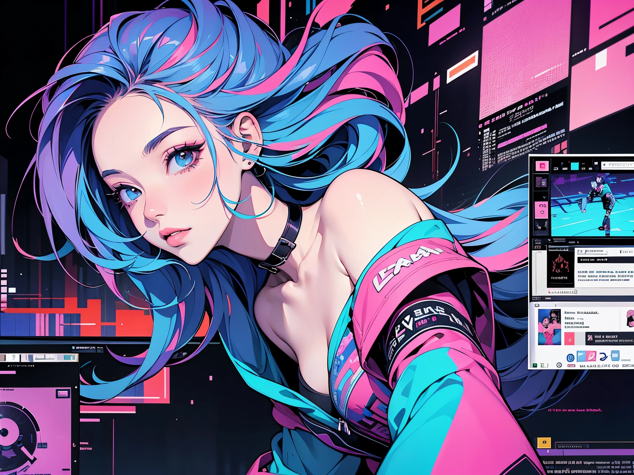 masterpiece, best quality, Ultra Detailed, official art, fair, 1 girl, (glitch art:1.3), (rich and colorful:1.2), Colorful hair, length, Valentine's Day, chocolate, Heart