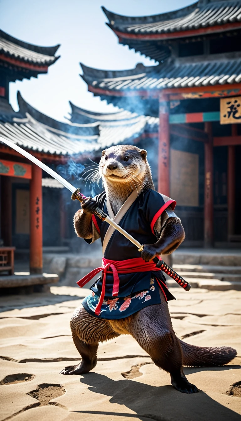 (best quality,4k,8k,highres,masterpiece:1.2),ultra-detailed,(realistic,photorealistic,photo-realistic:1.37),absurde, RAW photo, highly detailed, masterpiece, illustration, an otter in ninja outfit, holds katana,  immersive background of ancient japan, smoke elements in background and ground level, dynamic angle, world masterpiece theater, ink, Amazing, cinematic lighting, lens_flare, dunhuang_style