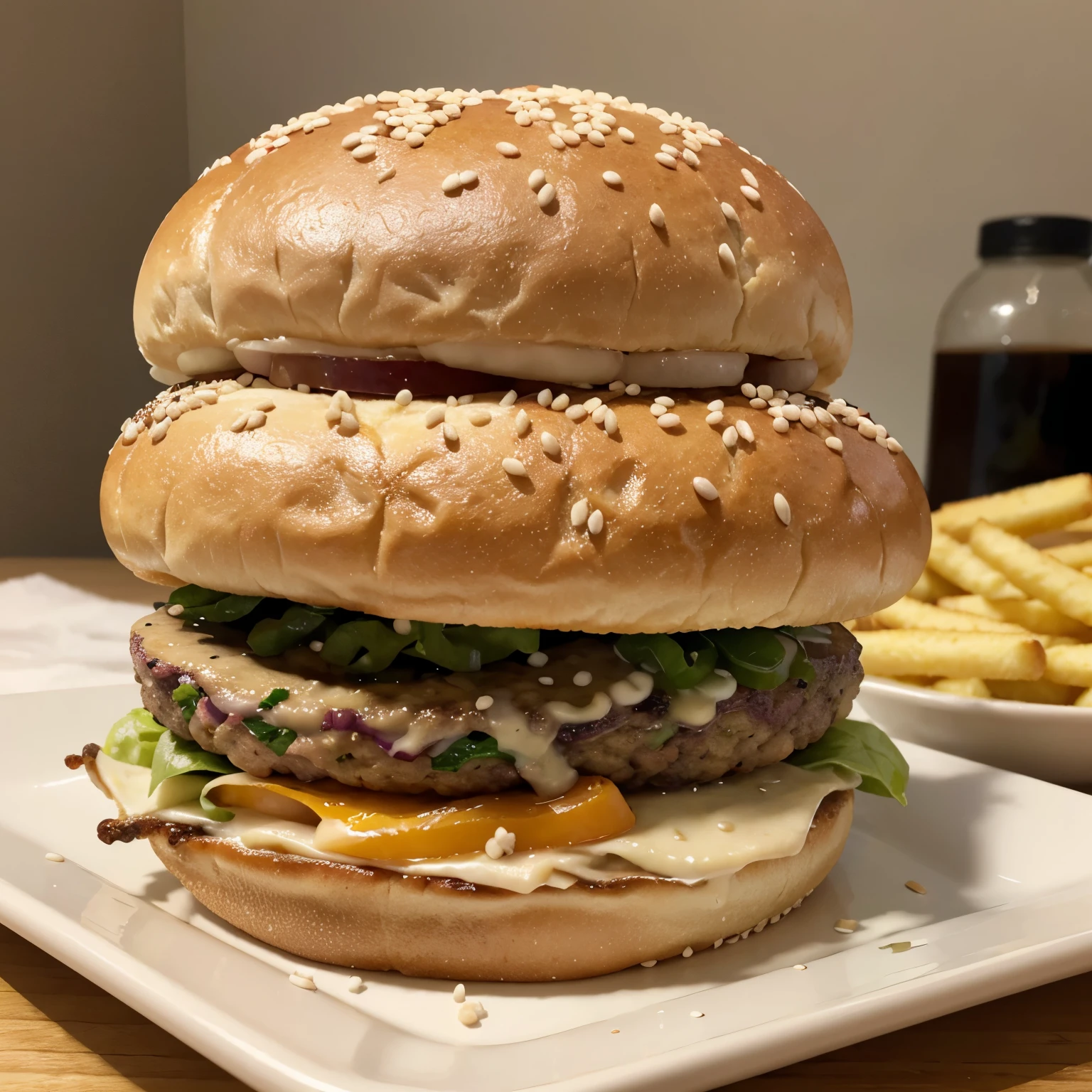 Burger bun with sesame seeds with two layers of burger with cheese and onion and to finish the back of the bun