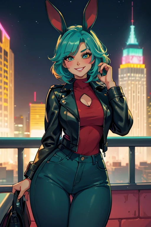 A light teal haired woman with one red eye and one green eye with an hourglass figure with light teal bunny ears wearing a leather jacket and jeans is blushing and smiling on a rooftop at night
