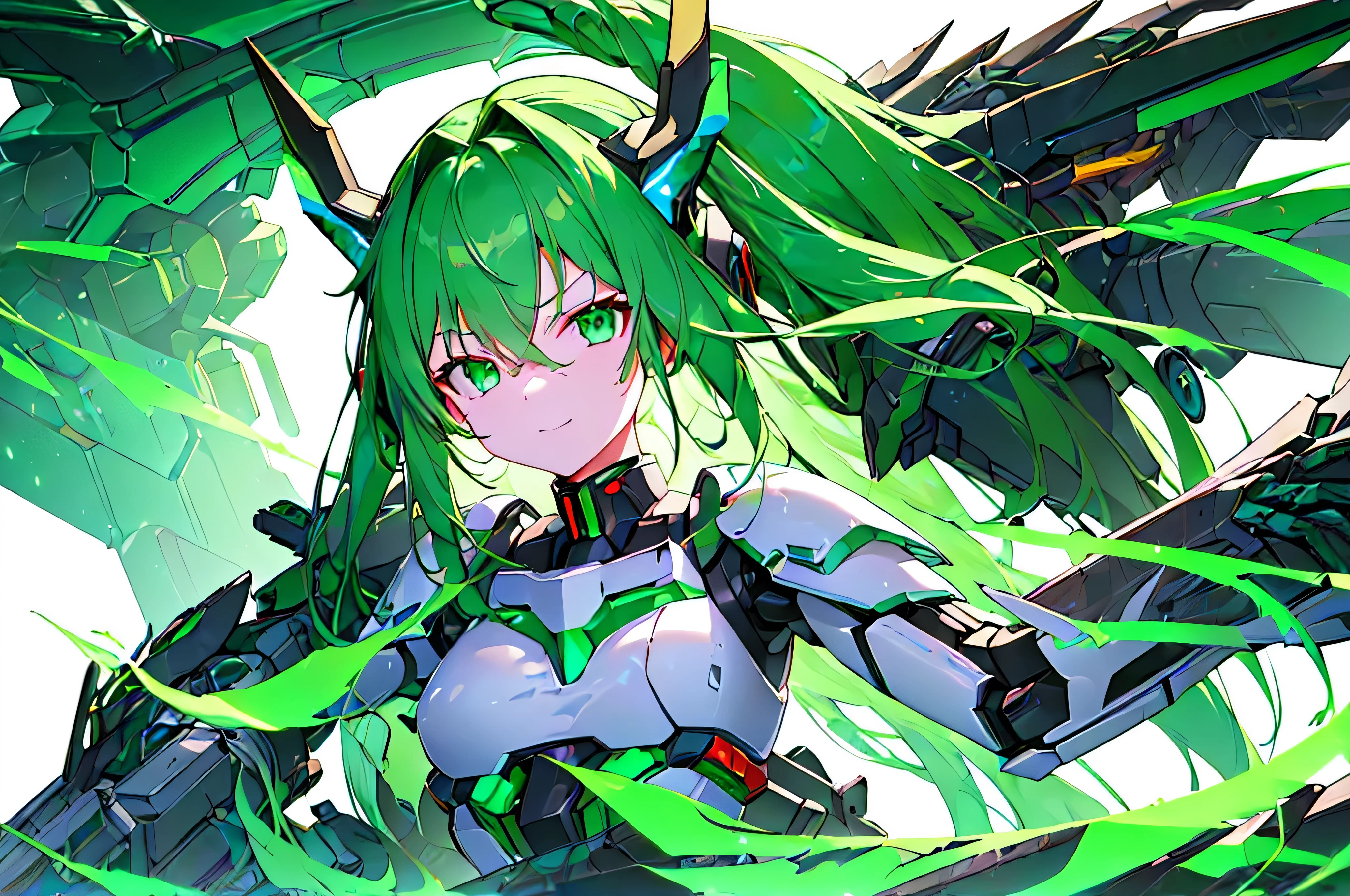 [(WHITE BACKGROUND:1.5)], (((masterpiece))), (upper body), 1girl, solo, Green hair, long hair, Green eyes, (slant eyes), science fiction, (mecha musume:1.5), mechanical parts, headgear, doragon mechanical wings and tails, ((mechanical Black dragon Armor)), Evil smile face, ((neon light green)), Anime style