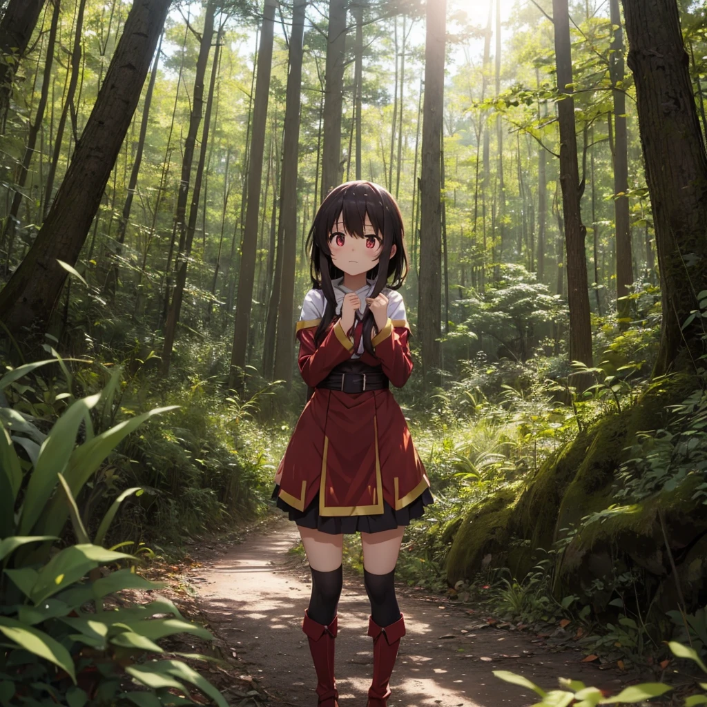 megumin in forest alone with a scared face