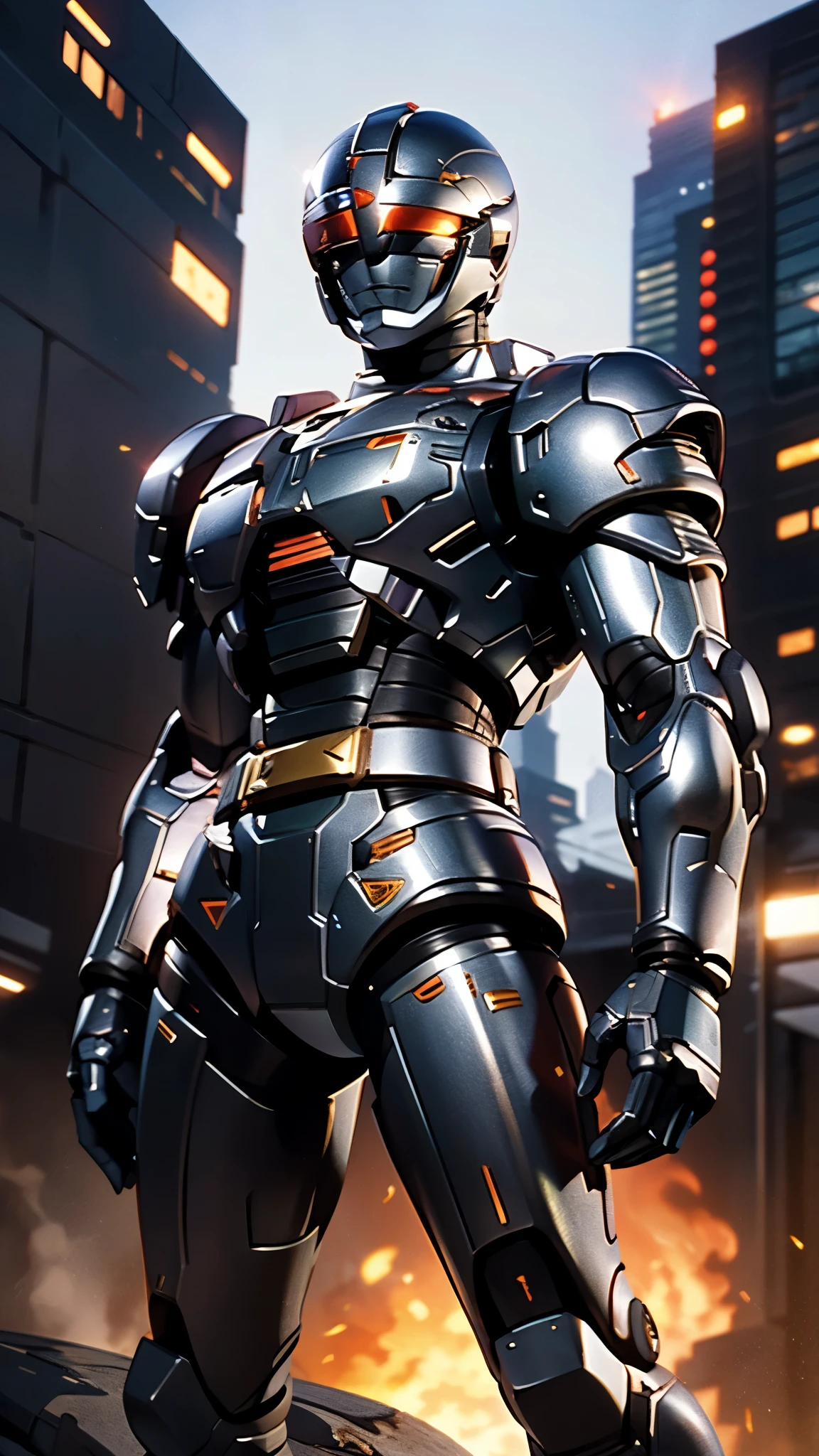 A man wearing a full-face helmet, a fantasy-style biotech armored combat suit, green eyes, (a composite layered chest armor), fully enclosed shoulder guards, matching arm and leg guards, the belt is adorned with dragon claw grasping orbs, (the color scheme is primarily black with red accents), the design balances heavy with agility, a high-tech bio-mecha armor, (Armor Concept Inspired by Dragons, stand on the top of a skyscraper in a futuristic sci-fi city), this character embodies a finely crafted fantasy-surreal style armored hero in anime style, exquisite and mature manga art style, (element, plasma, energy, the armor glows), ((male:1.5)), metallic, real texture material, dramatic, high definition, best quality, highres, ultra-detailed, ultra-fine painting, extremely delicate, professional, perfect body proportions, golden ratio, anatomically correct, symmetrical face, extremely detailed eyes and face, high quality eyes, creativity, RAW photo, UHD, 32k, Natural light, cinematic lighting, masterpiece-anatomy-perfect, masterpiece:1.5