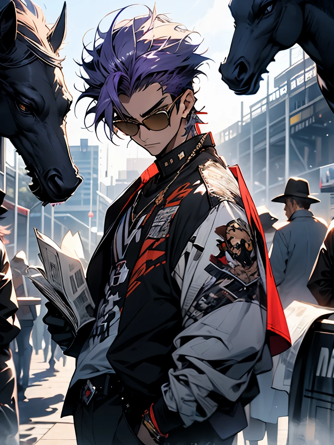 One Boy, Purple Hair, all back, Pointy sunglasses, Jacket, Blue T-shirt underneath, He is holding a horse racing newspaper in his hand., 