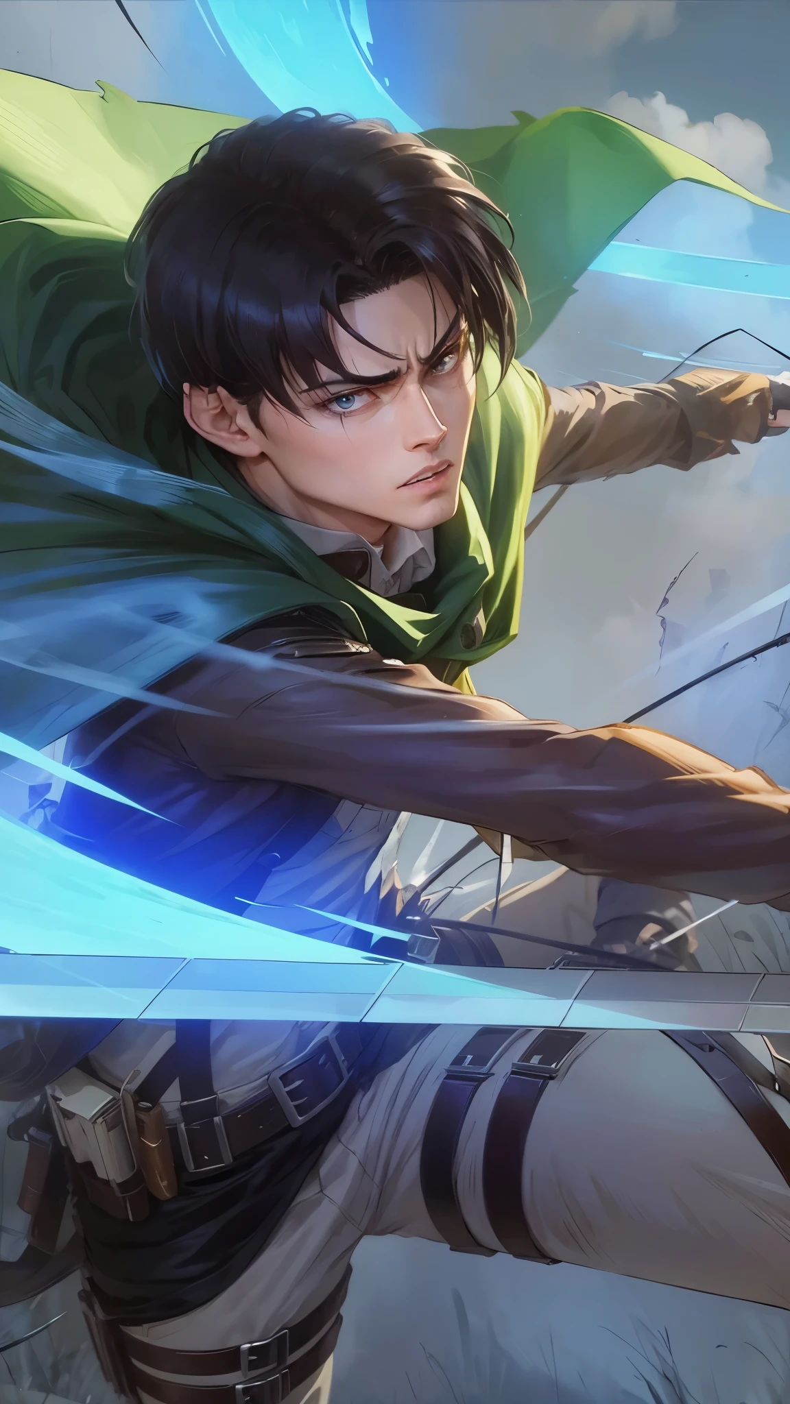 Masterpice, high quality, 4k,Attack on Titan anime, levi ackerman, excellent quality, levi ackerman standing with a knife in the forest, good face, levi ackerman character, masterpiece, 2d