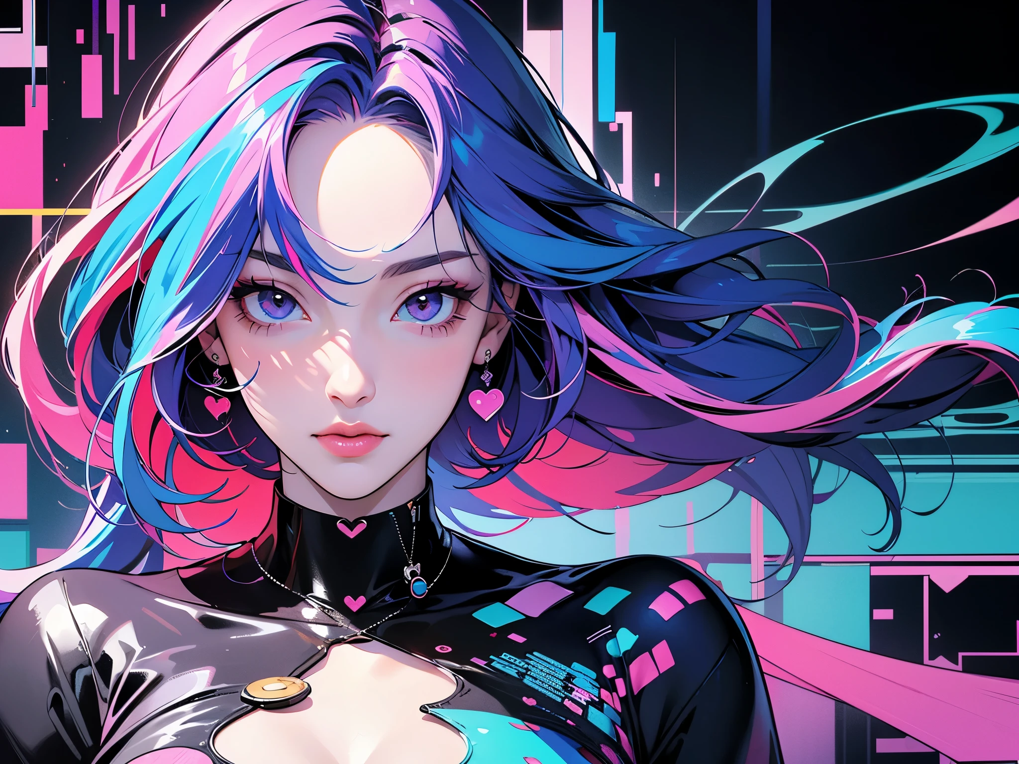 masterpiece, best quality, Ultra Detailed, official art, fair, 1 girl, (glitch art:1.3), (rich and colorful:1.2), Colorful hair, length, Valentine's Day, chocolate, Heart