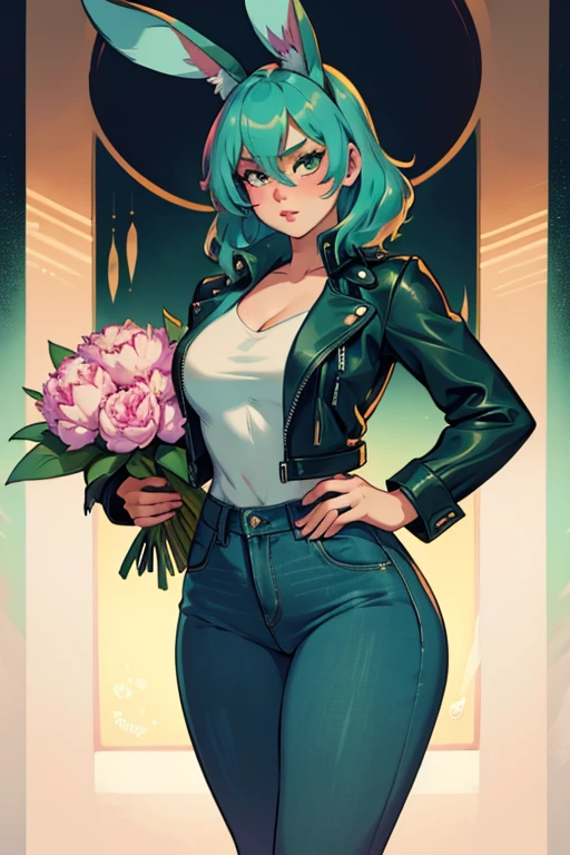 A light teal haired woman with one red eye and one green eye with an hourglass figure with light teal bunny ears wearing a leather jacket and jeans is blushing while holding a bouquet of peonies
