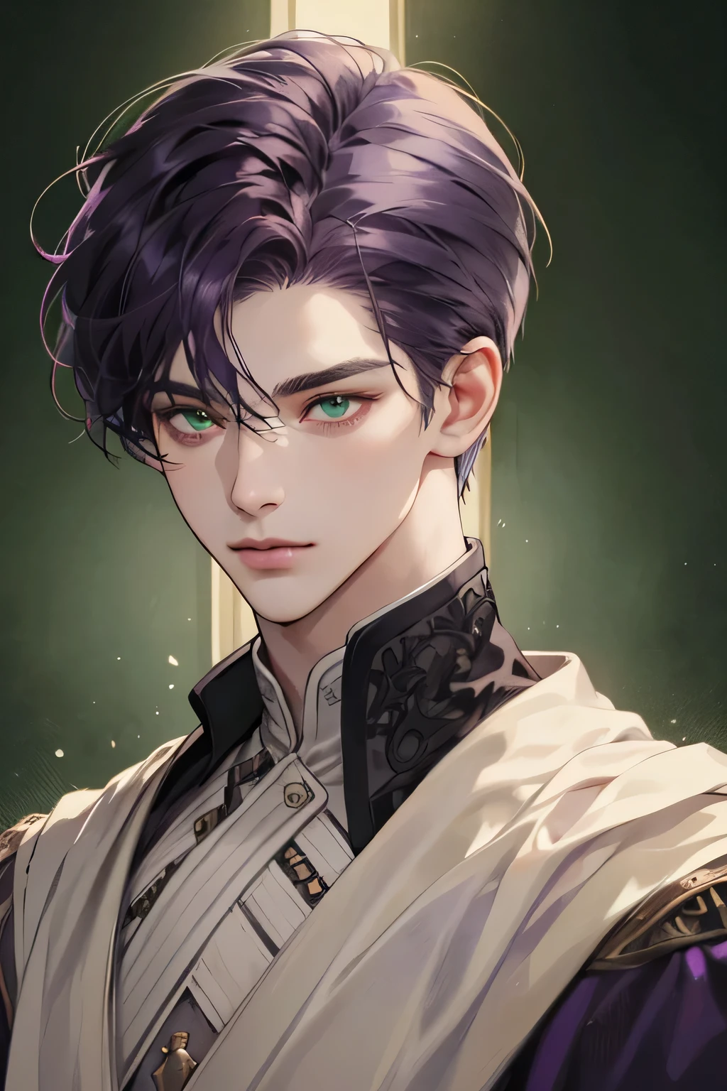 (Best quality),adult,1 man, male, mature, very tall, elegant, (((very short dark purple hair))), green mint eyes, perfect eyes, dark purple hair, medieval fantasy style, richly textured background, soft lighting, portrait style, painting style, deep colors, half body perfect