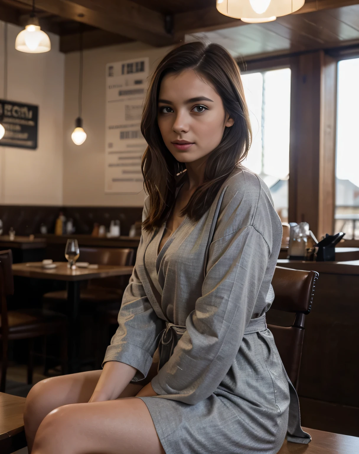 Une belle fille en robe au restaurant avec des cheveux brins, best quality, 8k, Realistic
