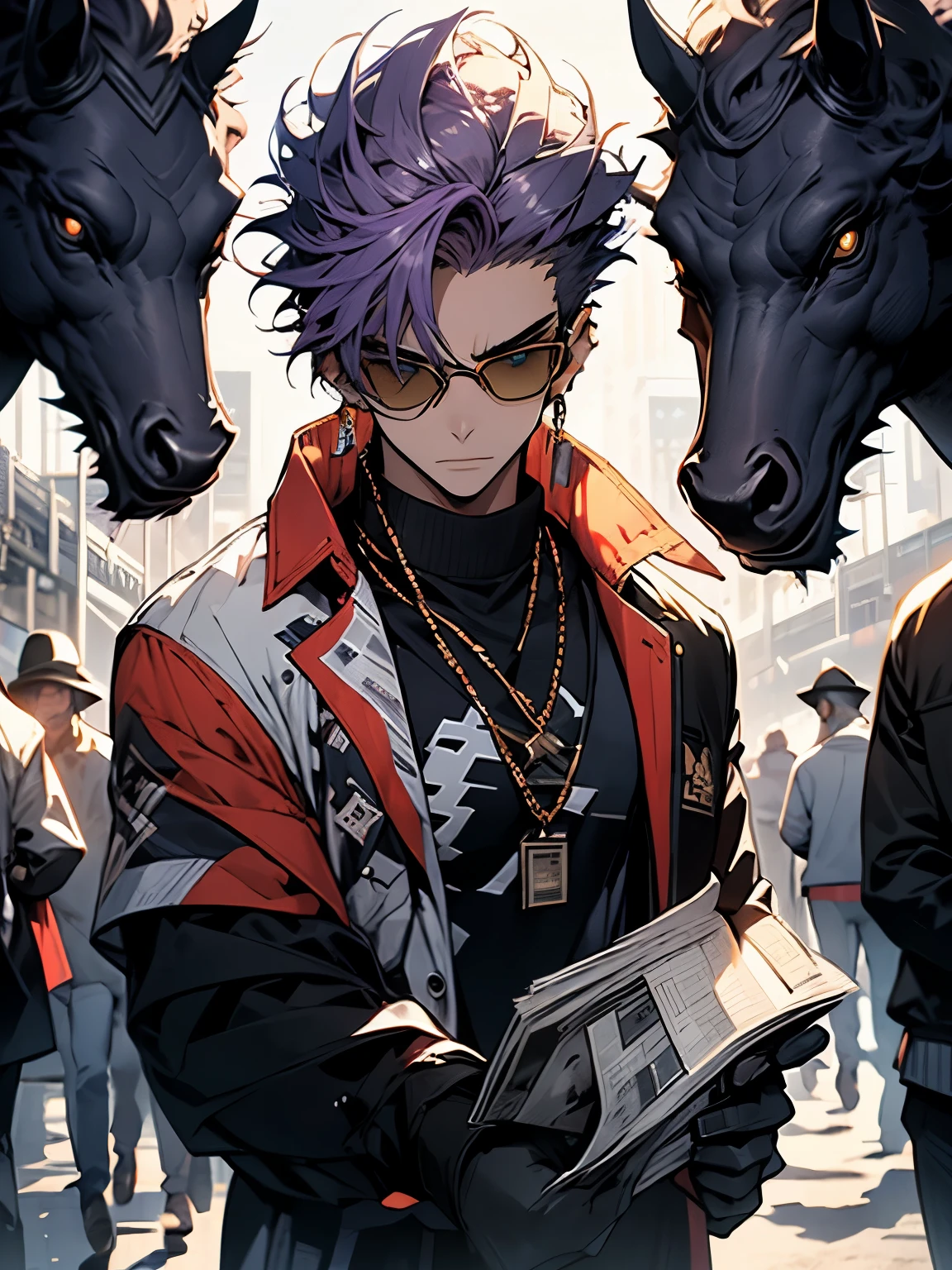 One Boy, Purple Hair, all back, Pointy sunglasses, Jacket, Blue T-shirt underneath, He is holding a horse racing newspaper in his hand., 