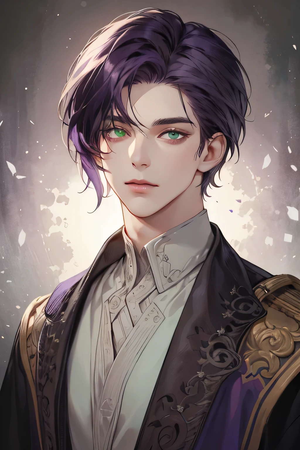 (Best quality),adult,1 man, male, mature, very tall, elegant, (((very short dark purple hair))), green mint eyes, perfect eyes, dark purple hair, medieval fantasy style,  richly textured background, soft lighting, portrait style, painting style, deep colors, half body perfect 