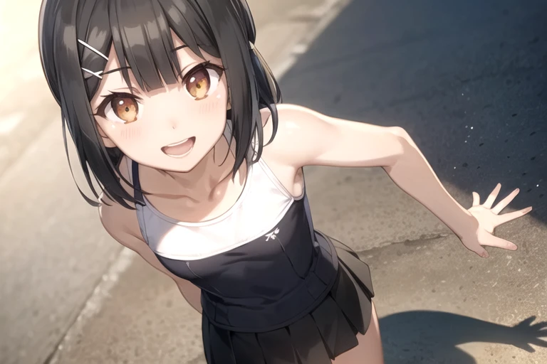 school swimsuit:1.4, 12 years old, ,  (miyu edelfelt, Prisma☆Illya, black hair, brown eyes, medium hair, x-shaped hair ornament), (masterpiece, best quality, ultra-highdetail, extremely detailed illustration,intense shadows, 8k quality), very short pleated skirt,  low angle:1.4, from below, happy smile, embarrassed,sparkling pupils, gleaming skin, open mouth, looking at viewer, full body, five fingers, Standing, very short pleated skirt, 