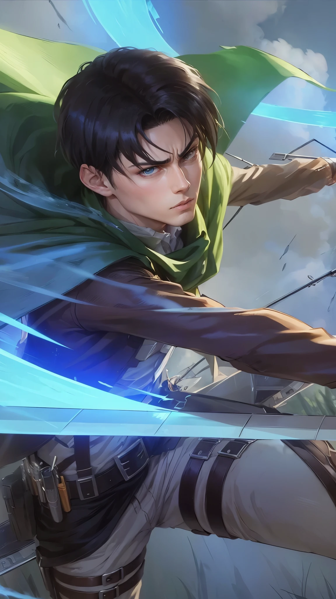 Masterpice, high quality, 4k,Attack on Titan anime, levi ackerman, excellent quality, levi ackerman standing with a knife in the forest, good face, levi ackerman character, masterpiece, 2d 