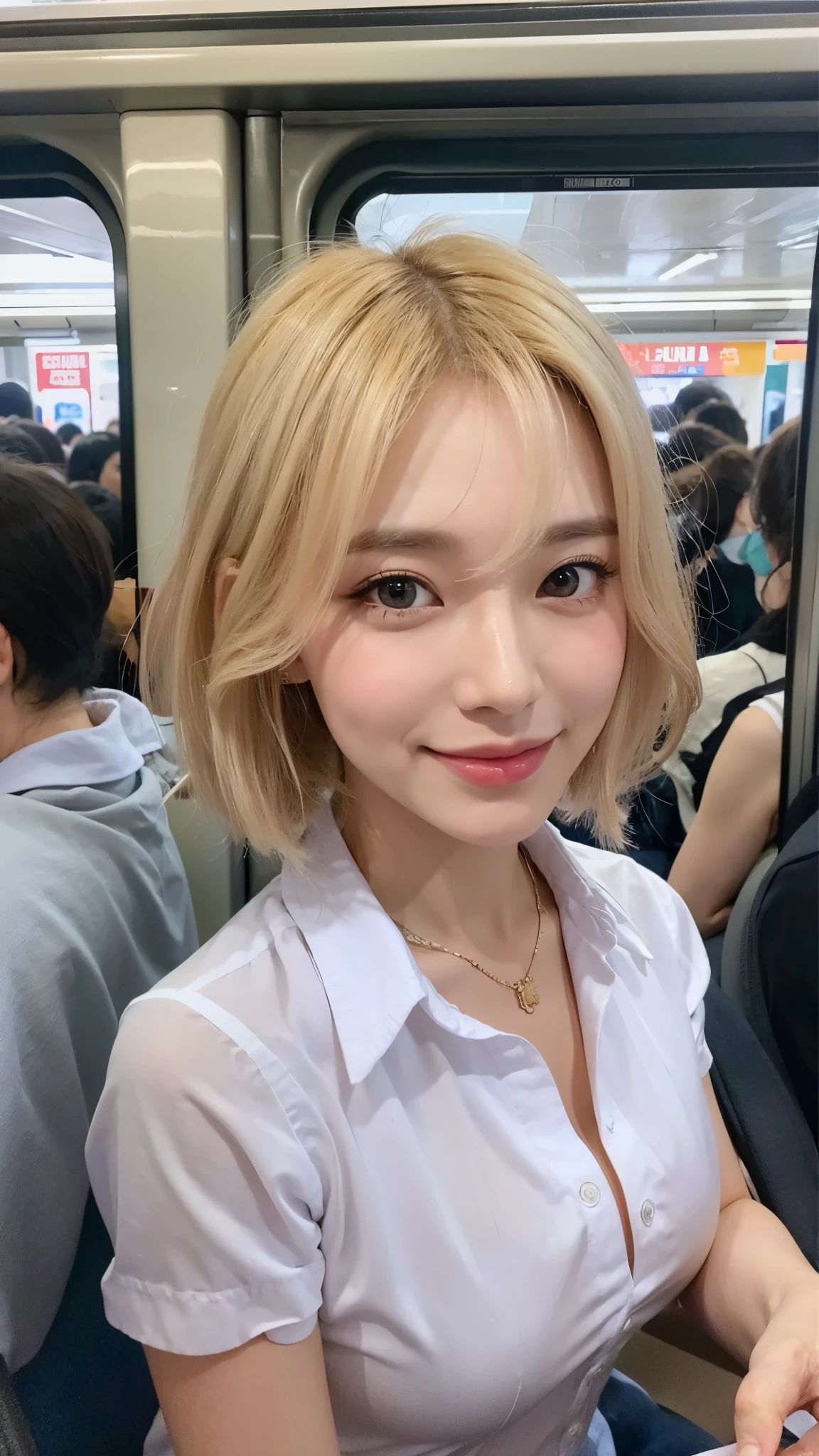 (highest quality、8k、32k、masterpiece、Realistic:1.4)、Cute Japanese Women Photos、Soft looking breasts、No bra、Ample breasts、((Shortcuts))、Face Focus、White collared shirt、necklace、1 carnation、From above、Looking at the audience、smile、I'm showing my teeth and smiling,Dynamic Shadows、blonde、Wet shiny hair、Shine, Watery eye、((In a crowded train)),