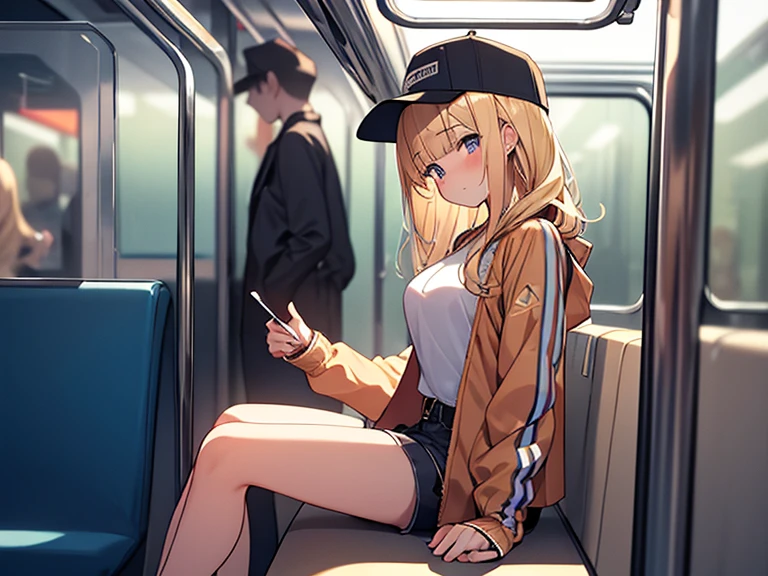 Masterpiece, Top quality, 1 beautiful girl, Blonde, medium Hair, wavy Hair, blunt bangs, silky hair, 17 year old, standard weight, medium breasts, (cool jacket, Shorts :1.3), cap, happy, blush, beautiful scene on the subway, blurry background, back lighting, magnificent panorama view, sitting, from side