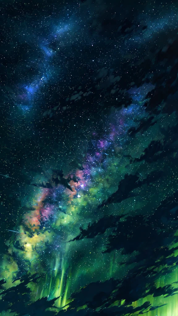 (low angle view)A meteor shower lights up the sky from behind, with a comet streaking across the colorful aurora borealis. The scene is of the best quality, with ultra-detailed stars and clouds creating a stunning artwork. The sky is filled with vibrant colors, and the entire scene is bathed in a starry ambiance.