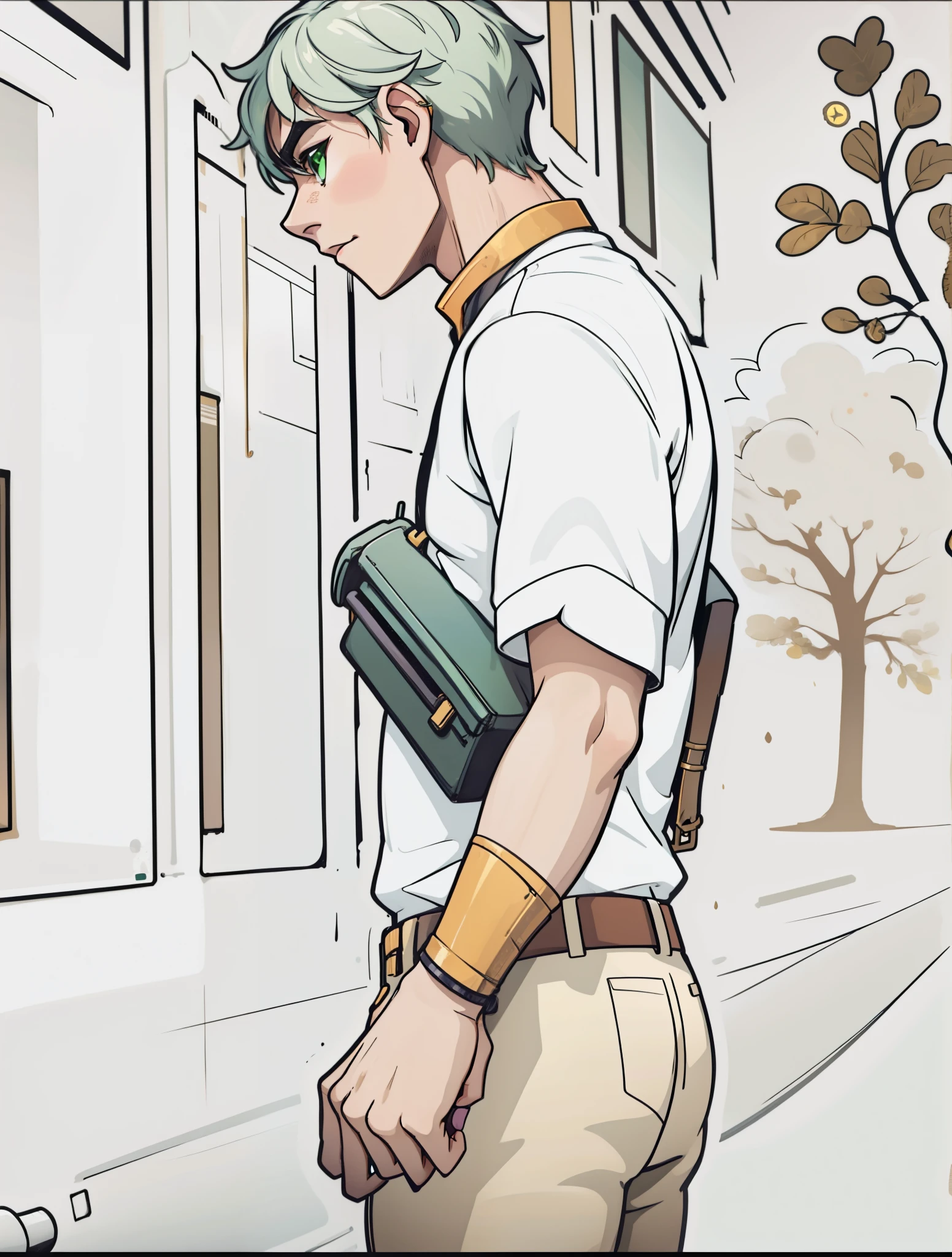 cute boy with golden bracelets on his arms green eyes