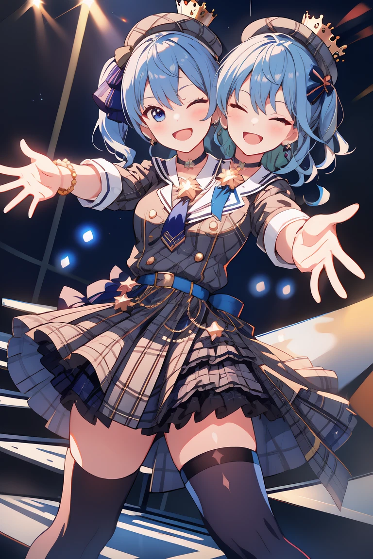 (masterpiece, best quality), best resolution, 16k, (2heads:1.5), close-up, 1girl, solo, HoshimachiSuisei, side ponytail, blue hair ribbon, SuiseiBase, plaid beret, crown, blue star choker, star earrings, blue ascot, plaid jacket, plaid skirt, layered skirt, partially fingerless gloves, star bracelet, uneven legwear, thigh strap, standing, ((cheek to cheek)), (open arms, outstretched arms, hands open), smile, open mouth, one eye closed, singing, dacing, look at viewer, exciting, concert stage, starfield, spotlight