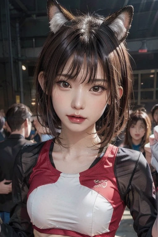 One girl,alone,Cheerleader, small bust, face close up, Official Art, unity 8k wallpaper, Super detailed, beautiful and aesthetic, beautiful, masterpiece, highest quality,, Fox Witch, Fox Mask Template, Haori, Foxfire spells, Fox Familiar, conversion,