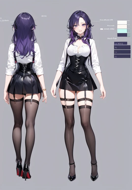 Purple hair,long hair,Adult female,(Bartender),((Body harness)),((Rolling up your sleeves shirt)),(Corset),(Tight skirt),((Garter belt)),(high heels),((Simple background)),Smile,((Full body)),((whole body)),Character Sheet,