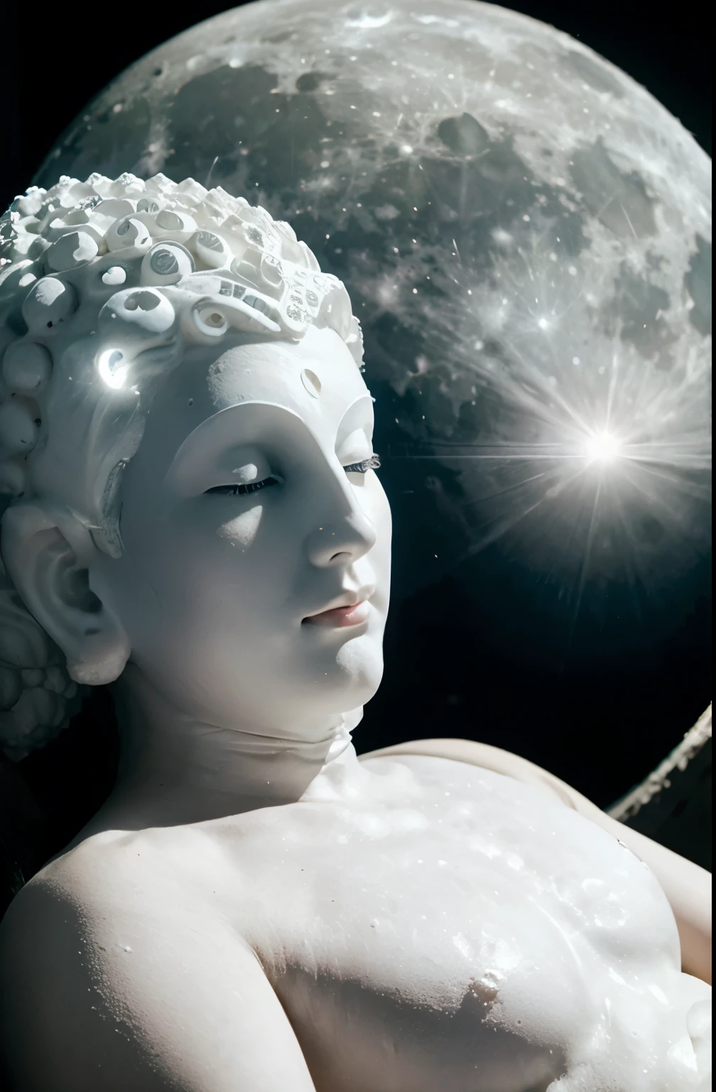 The moon is a white circle.,white Buddha,Inside the circle of the moon