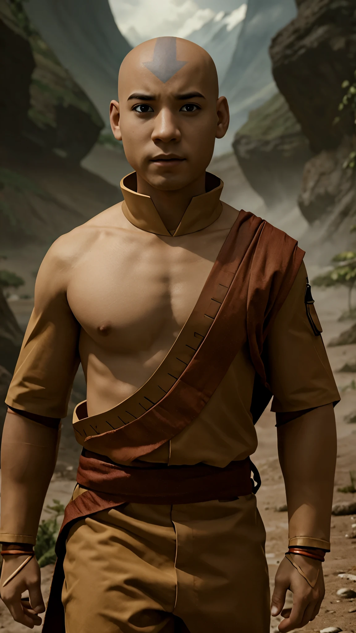 masterpiece, best quality, game cg, 1boy, solo, male focus, looking at viewer, upper body, depth of field, , , aang_avatar, bald, black eyes, , sci-fi, High definition