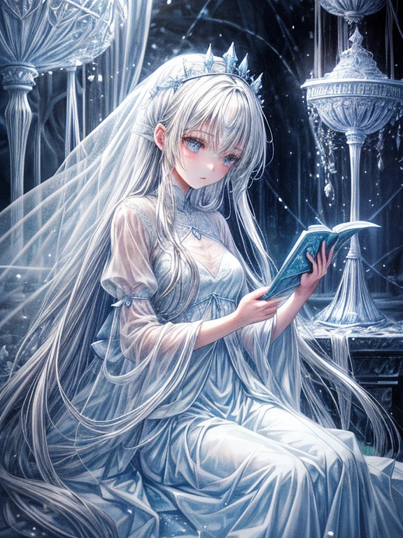 (Tabletop), (figure), (highest quality), (Cinematic), 8k, (Art Station), Li Yue style.
 (長い白い髪とSilver Eyesを持つ1人の女の子), (流れるようなWhite sheer dress)、Beautiful and delicate face] [ Blue Skin] [+ Body parts] [ Particle Lou Full Moon] [frozen blue tree々] [Landscape Dark Crystal] [Lighting] [Mysterious atmosphere]:1.1 [Fantasy, Short Story] [book story style] [soft Lighting] [moody mood]:0.8 [+Cinematic shot]:1.2 [+Art Station] [+luminous blue background] [+soft Lighting] [Soft glow] [Creative and dynamic angles]:1.3, [+Crystal Toning] [+Octane Rendering] [+Professional Post-Production ] [+Octane Rendering] [+tones and Lighting and contrast/ +ghibli style/+style] [FUJIFILM XT3 Film]、Tabletop, Very detailed, Very detailed, alone, (One Girl), (Pale skin), Silver Eyes, Frozen white hair, (Snow Background), Snowflake Rose Flower:1.5), (Crystal Crown), (shining crystal), (((White sheer dress))), (Snow-covered ground), (Cold breath), (Frozen eyelashes), stand in a room with flowers、A woman wearing a transparent and delicate wedding dress, luxurious wedding, So magical and dreamy, Dreamy details, Fantastic fairy tale, Fairy tale setting:, Luxury sheer dress, Dreamlike atmosphere and drama, Gorgeous atmosphere, Long, gorgeous and intricate sheer gown, 妖しい雰囲気 Tabletop, The most beautiful scene, white transparent legal gown, Majestic、(((Lots of white flowers)))