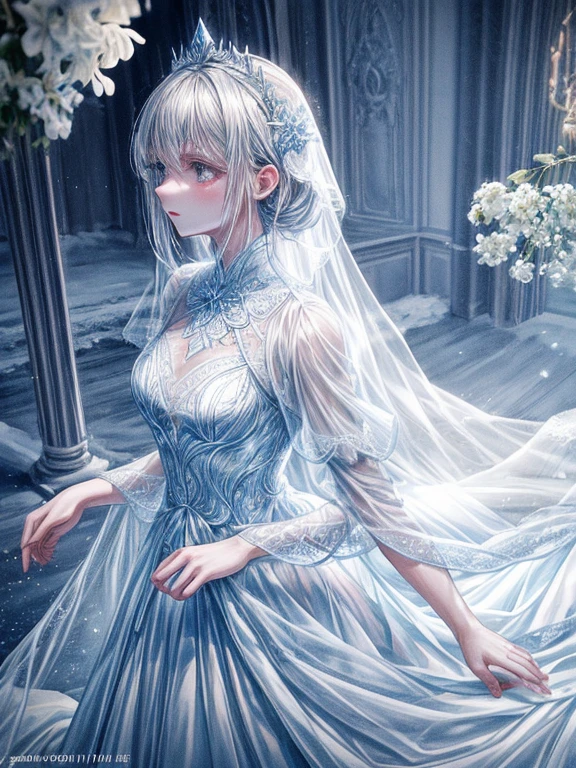 (Tabletop), (figure), (highest quality), (Cinematic), 8k, (Art Station), Li Yue style.
 (長い白い髪とSilver Eyesを持つ1人の女の子), (流れるようなWhite sheer dress)、Beautiful and delicate face] [ Blue Skin] [+ Body parts] [ Particle Lou Full Moon] [frozen blue tree々] [Landscape Dark Crystal] [Lighting] [Mysterious atmosphere]:1.1 [Fantasy, Short Story] [book story style] [soft Lighting] [moody mood]:0.8 [+Cinematic shot]:1.2 [+Art Station] [+luminous blue background] [+soft Lighting] [Soft glow] [Creative and dynamic angles]:1.3, [+Crystal Toning] [+Octane Rendering] [+Professional Post-Production ] [+Octane Rendering] [+tones and Lighting and contrast/ +ghibli style/+style] [FUJIFILM XT3 Film]、Tabletop, Very detailed, Very detailed, alone, (One Girl), (Pale skin), Silver Eyes, Frozen white hair, (Snow Background), Snowflake Rose Flower:1.5), (Crystal Crown), (shining crystal), (((White sheer dress))), (Snow-covered ground), (Cold breath), (Frozen eyelashes), stand in a room with flowers、A woman wearing a transparent and delicate wedding dress, luxurious wedding, So magical and dreamy, Dreamy details, Fantastic fairy tale, Fairy tale setting:, Luxury sheer dress, Dreamlike atmosphere and drama, Gorgeous atmosphere, Long, gorgeous and intricate sheer gown, 妖しい雰囲気 Tabletop, The most beautiful scene, white transparent legal gown, Majestic、(((Lots of white flowers)))