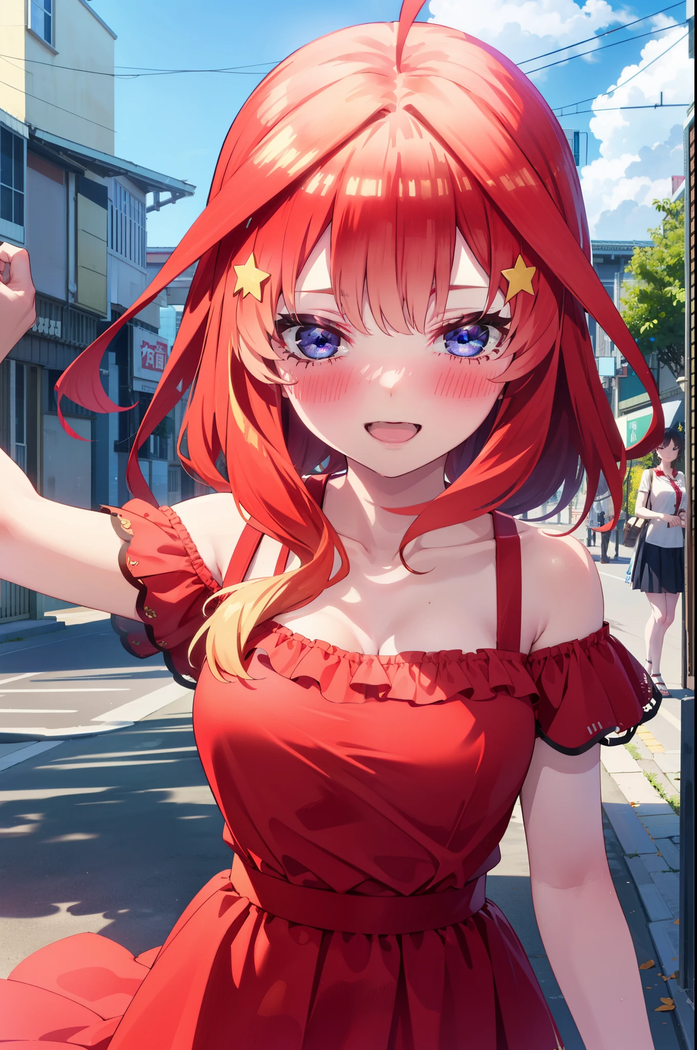 itsukinakano, Itsuki Nakano, bangs, blue eyes, Hair between the eyes, Ahoge, Redhead, star \(symbol\), hair ornaments, star hair ornaments,smile,blush,Open your mouth,,Cold shoulder tops,Skinny jeans,Short sleeve,Stiletto heels,night,Walking,moon,whole bodyがイラストに入るように,Looking down from above,
break outdoors, In town,Building district,
break looking at viewer, whole body,
break (masterpiece:1.2), highest quality, High resolution, unity 8k wallpaper, (figure:0.8), (Beautiful fine details:1.6), Highly detailed face, Perfect lighting, Highly detailed CG, (Perfect hands, Perfect Anatomy),