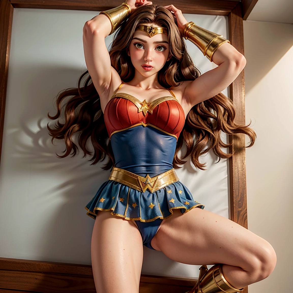 8k, Ultra HD, super details, high quality, high resolution. The heroine Wonder Woman looks beautiful in a full-length photo, her body is sculptural, her long black wavy hair is radiant in a perfect combination with her white skin, her bright brown eyes mesmerize everyone. She is wearing her heroine costume, a tight red and blue bodysuit with gold details, A short blue skirt with gold stars, Red boots with gold details, Gold bracelets, A gold bow, A gold tiara with a red star in the center. She looks very sexy, drawing attention to her big breasts and thick legs.