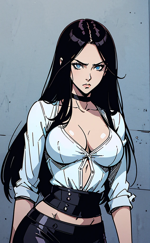 Manga comic sensual Straight long brunette girl blue eyes, Sexy white v-neck Blouse, black mini short In a sensual pose Small waist, big hips, Toned and defined body (bigboob) (Black & White) (highly detailed) (concept art) (manga) (anime) (draw) (face anime detailed) (comics)