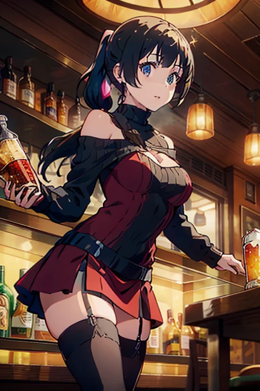 (from below:1.5),(from side:0.9), ((Face)), (Close-Up:1.2), masterpiece,"A 26-year-old girl stands at a bar counter. She is dressed in a stylish off-shoulder dress, sweater dress, off-shoulder sweater, red sweater,garter stocking, cleavage:1.1, midriff, black shorts, black thighhighs, thigh strap, pretty girl, (highly detailed beautiful face and eyes,firm breasts),real skin,((black,hair,long pony tail hair)),thin pubic hair,cute and lovely pose, detailed eyes, This masterpiece is only visually stunning but also tells,(double breasted:0.6,under bust:0.6),(with sparkling eyes and a contagious smile),open mouth. The bar is beautiful, with colorful bottles of alcohol in the background and a soft glow from neon lights. The atmosphere is relaxed, and the girl looks confident and fashionable.",full body, sexy pose,make a cocktail , in a bar counter, Looking at Viewer,