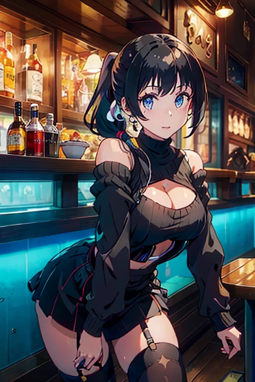 (from below:1.2),(from side:0.9), ((Face)), (Close-Up:0.4), masterpiece,"A 26-year-old girl stands at a bar counter. She is dressed in a stylish off-shoulder dress, sweater dress, off-shoulder sweater, red sweater,garter stocking, cleavage:1.1, midriff, black shorts,whitr skirts, black thighhighs, thigh strap, pretty girl, (highly detailed beautiful face and eyes,firm breasts),real skin,((black,hair,long pony tail hair)),thin pubic hair,cute and lovely pose, detailed eyes, This masterpiece is only visually stunning but also tells,(double breasted:0.6,under bust:0.6),(with sparkling eyes and a contagious smile),open mouth. The bar is beautiful, with colorful bottles of alcohol in the background and a soft glow from neon lights. The atmosphere is relaxed, and the girl looks confident and fashionable.",full body, sexy pose,make a cocktail , in a bar counter, Looking at Viewer,
