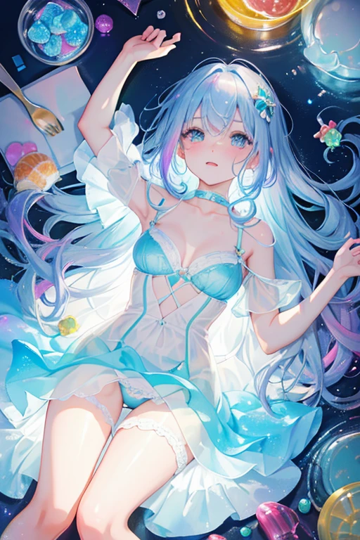 Delicate and beautiful face and eyes,Focus on the face, Deep sea background,Tabletop,Detailed Splash Water, Beautiful detailed water, Sensation of shock, (Genuine: 0.5), Original 2 High Saturation, (Surrounded by colorful splash spots), Multicolored bubbles, glasser maid))、泡のあるRainbow backgroundの接写, ethereal Rainbow Bubbles, Bokeh iridescent accents, Bokeh. iridescent accents, Rainbow Background, Colorful refracted glow, Soft Rainbow, Shiny colorful, Bright Sky, Colorful background, Rainbow background, Rainbow Bubbles, Colours of Heaven, Sparkly Background, Fantasy Rainbow, Background pastel, The background is like heaven、Close up of a pile of colorful plastic beads, Candy, sweets, candy, candy colors, candy pastel, candy decorations, Lollipops, gummy Candy, Made by Lollypops, made of candy and lollypops, sweet, candy treatments, Gumdrop, Lollipop, made of candy, candy land, jelly, everything is made of candy, Whirlpool、青いドレスとストッキングを着てベッドに座っているアルファフィーwoman, Translucent dress, beauty lingerie, iridescent shiny thin lingerie, Translucent silk dress, pale, Wave Lingerie, sexy gown, Bright blue shiny lingerie, Blue underwear, Icy Blue Dress, Light blue, Pastel Blue, woman, thin, Sky blue dress, wearing sexy lingerie