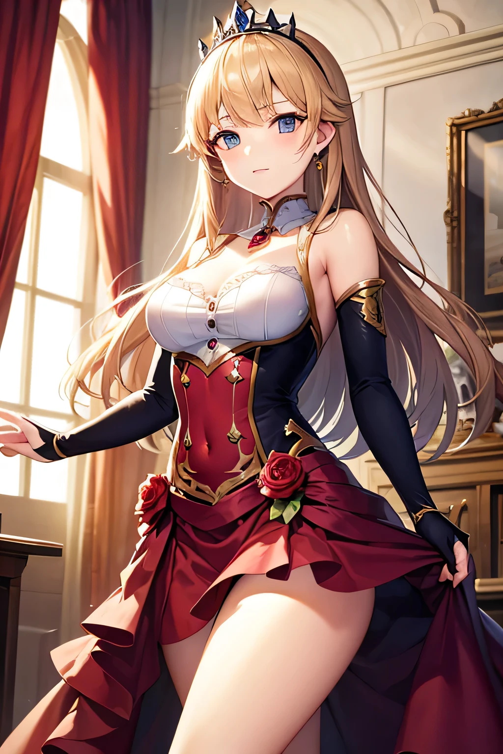 The gorgeous interior of the castle、Princess in a beautiful dresini skirt、Thighs、Exposed shoulders and arms、Blonde、Medium breast、tiara、、Are standing