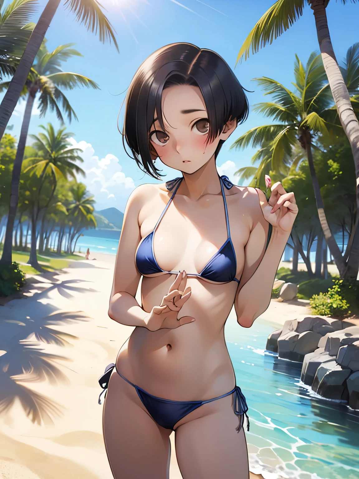 NSFW,Aarinko、short hair、Black Hair、Bobcut、(Halterneck bikini:1.5),Embarrassed,blush,(Perfect hands),(Perfect Anatomy),(masterpiece),(highest quality),Looking up,Lonely look,beach,Palm tree,Rock Shade,looking at the camera,Look Up