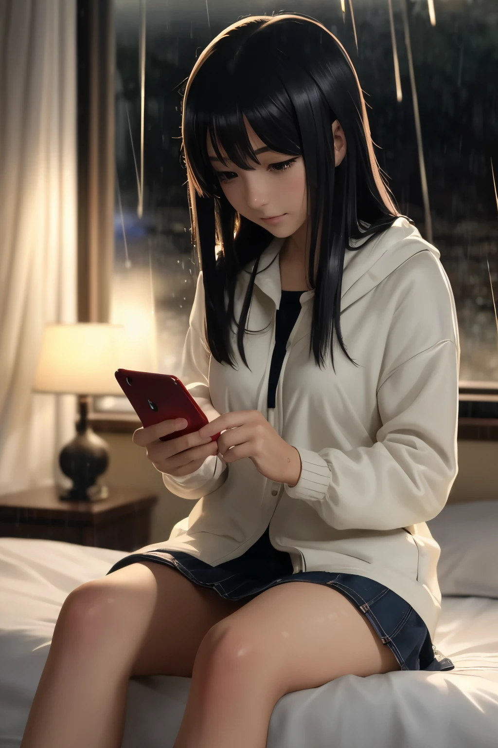 ((best quality)), ((masterpiece)), (detailed), anime girl looking at her phone in a rainy night , in her room , on the bed