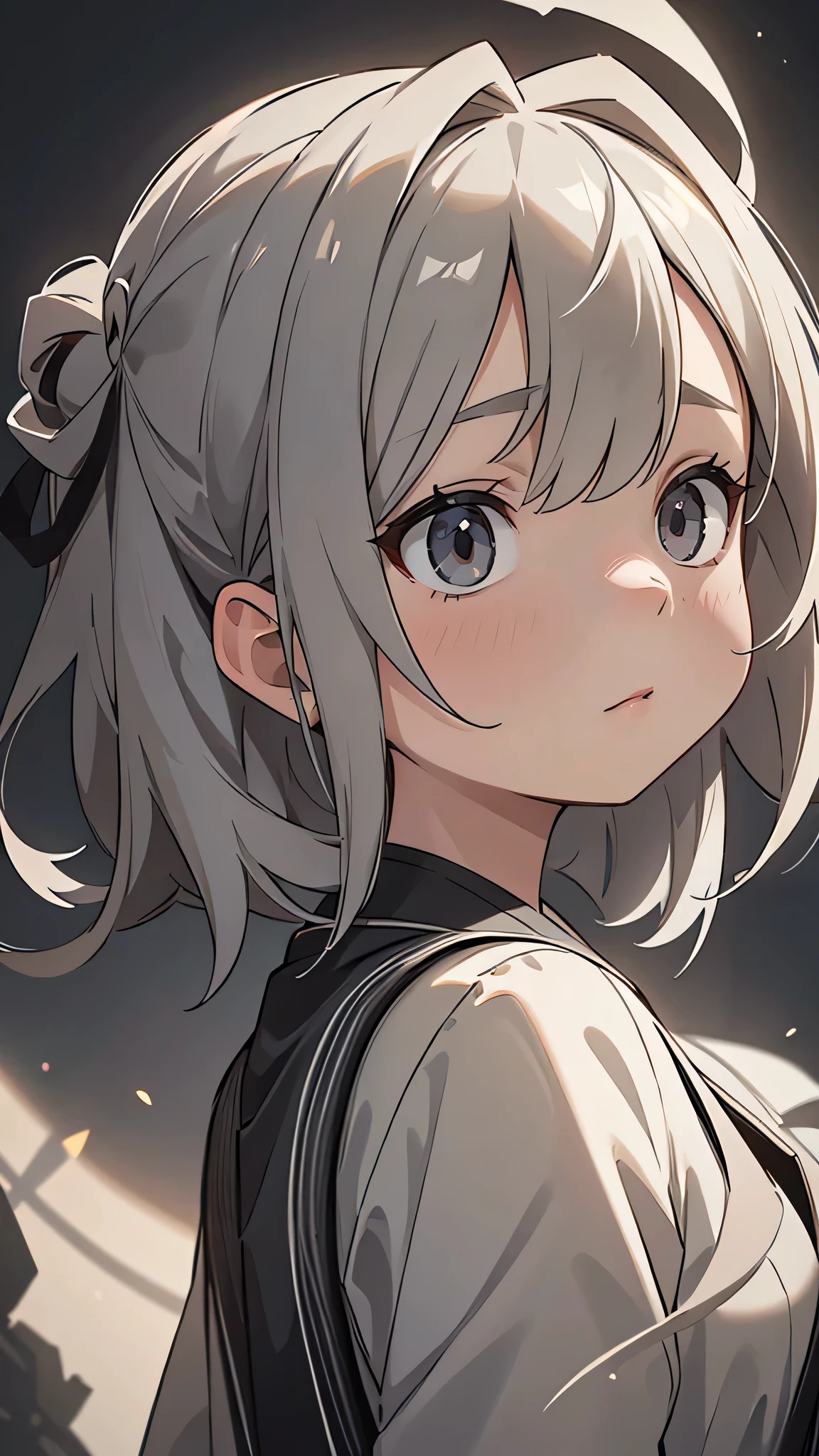 highly detailed, 8k, masterpiece, One girl, Grey Two Tone_hair, dress , , (perfection_face), Brilliant, Complex, Dramatic lighting, 4K, detailed_background, Caustics, Portraiture, , from_~ side