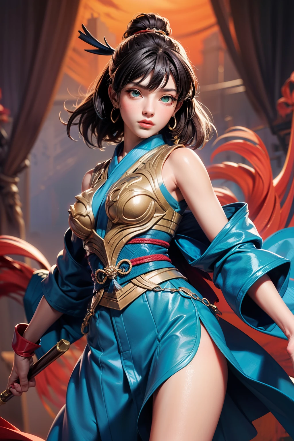 ((melhor qualidade)), ((obra de arte)), (detalhado), rosto perfeito

kunoichi, green eyes, blue kimono,  red armor on legs and arms, 