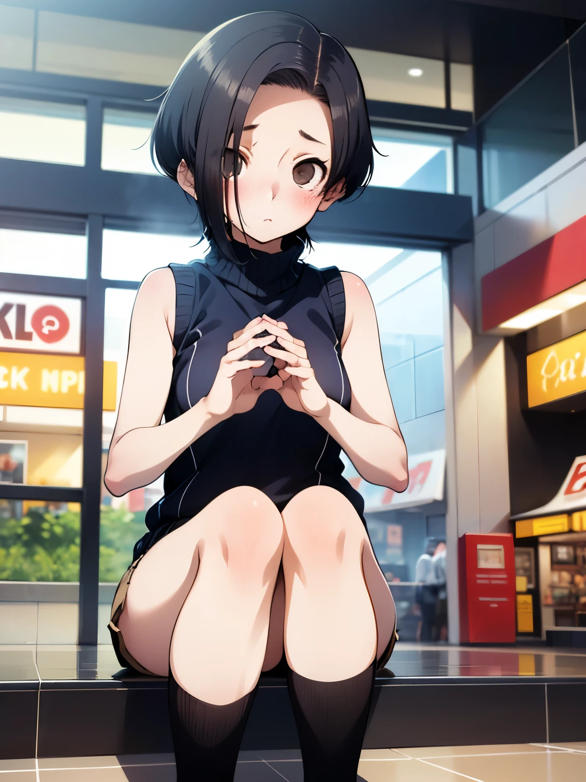 NSFW,Aarinko、short hair、Black Hair、Bobcut,Turtleneck sweater,Sleeveless,Shorts,Knee-high socks,Embarrassed,blush,(Perfect hands),(Perfect Anatomy),(masterpiece),(highest quality),Looking up,Lonely look,Shopping mall,looking at the camera,Look Up