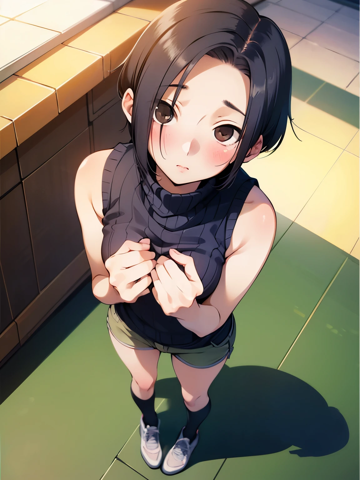 NSFW,Aarinko、short hair、Black Hair、Bobcut,Turtleneck sweater,Sleeveless,Shorts,Knee-high socks,Embarrassed,blush,(Perfect hands),(Perfect Anatomy),(masterpiece),(highest quality),Looking up,Lonely look,Shopping mall,looking at the camera,Look Up