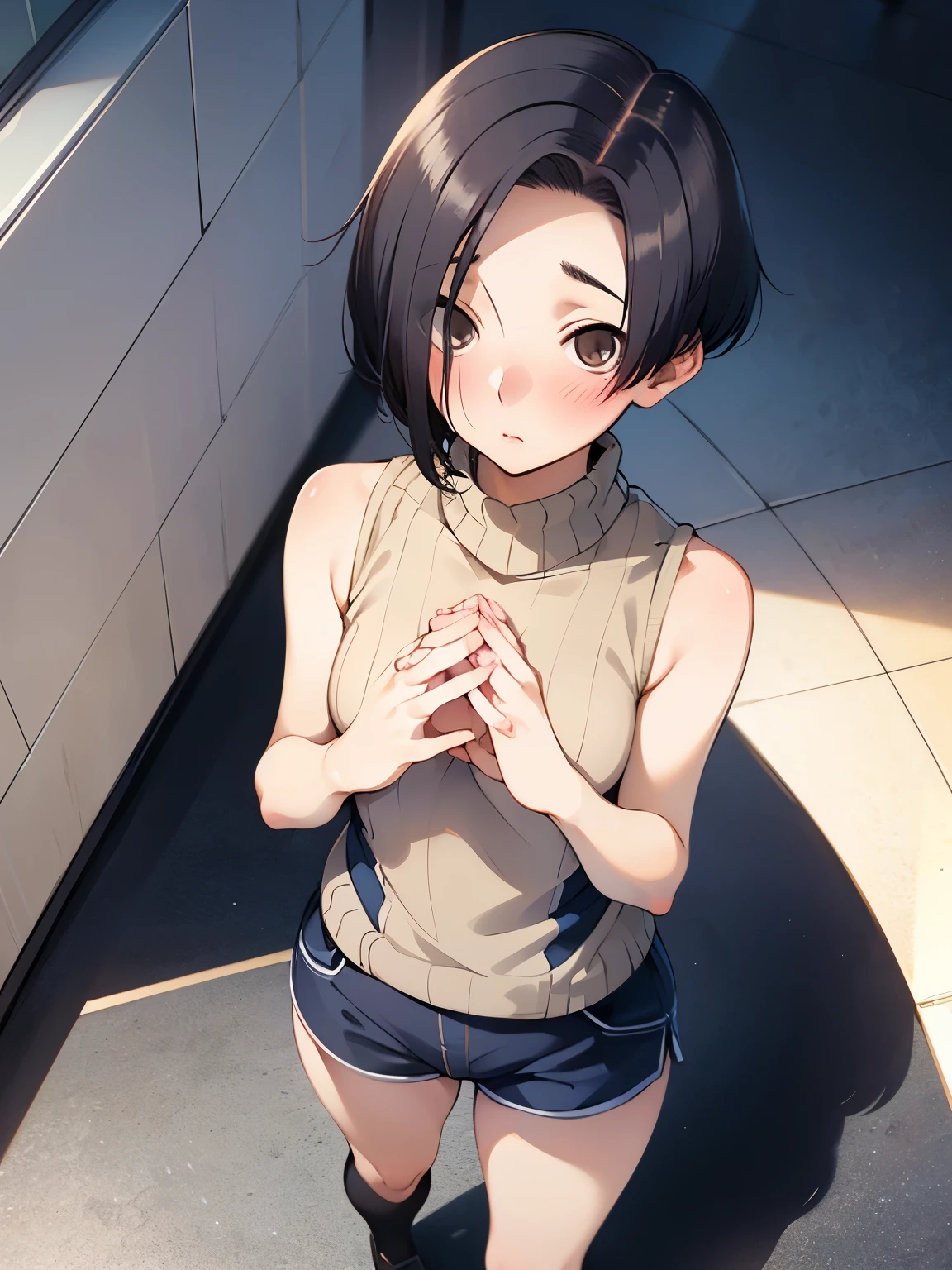 NSFW,Aarinko、short hair、Black Hair、Bobcut,Turtleneck sweater,Sleeveless,Shorts,Knee-high socks,Embarrassed,blush,(Perfect hands),(Perfect Anatomy),(masterpiece),(highest quality),Looking up,Lonely look,Shopping mall,looking at the camera,Look Up