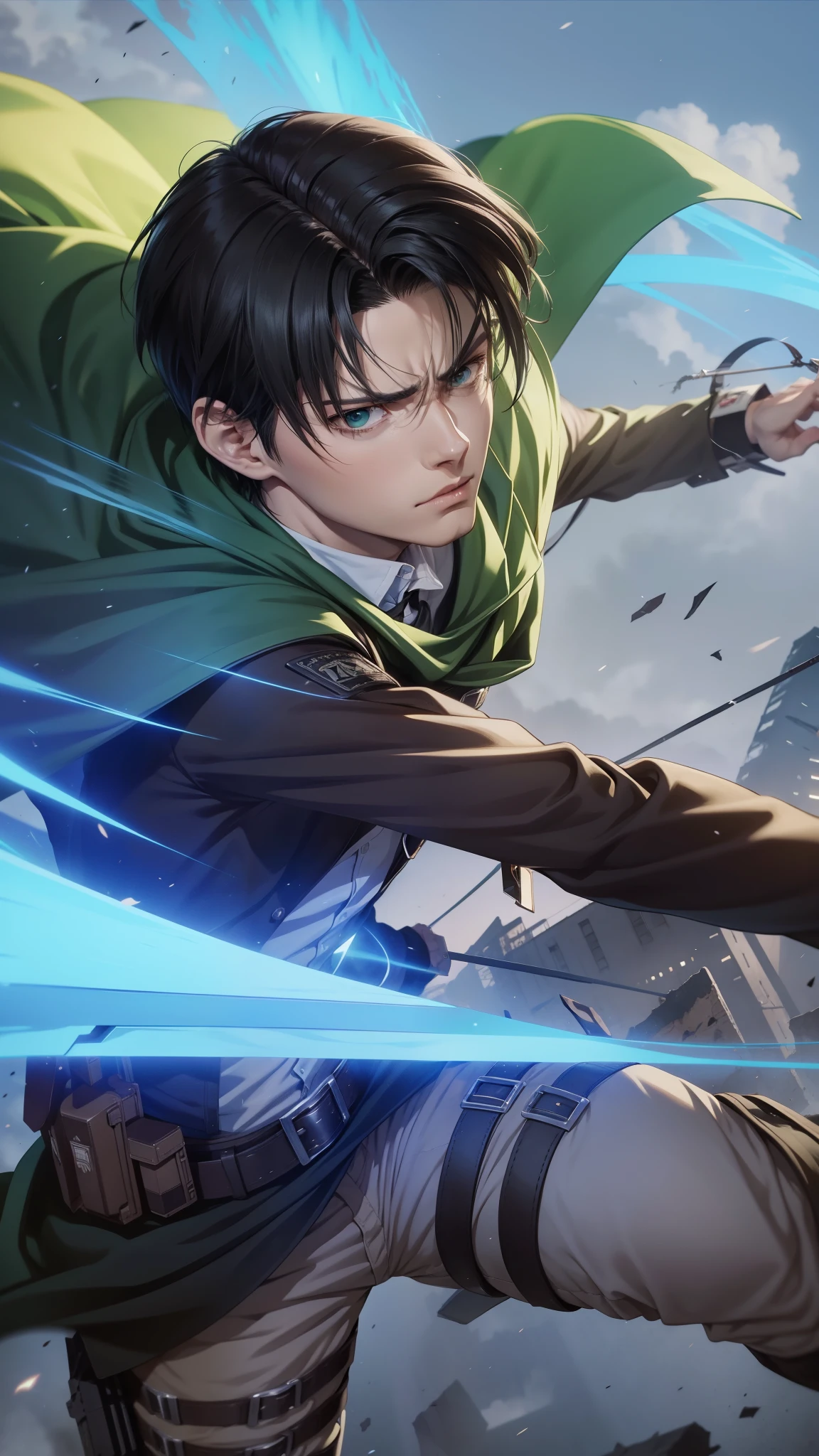 Levi Ackerman Character from Anime Attack On Titan, Realistic Anime style, Handsome boy, cool boy, serious face, Attack on titan uniform, green cloak, Black short hair, Background of destroyed buildings