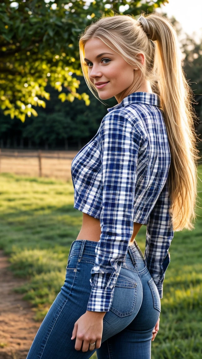 Gorgeous blonde, age 18, ponytail, fit body, visiting a farm, light smile, flirt with camera, sexy pose, wearing a checkered shirt and a jeans, perfect body, perfect face, UHD, sunrise, butt