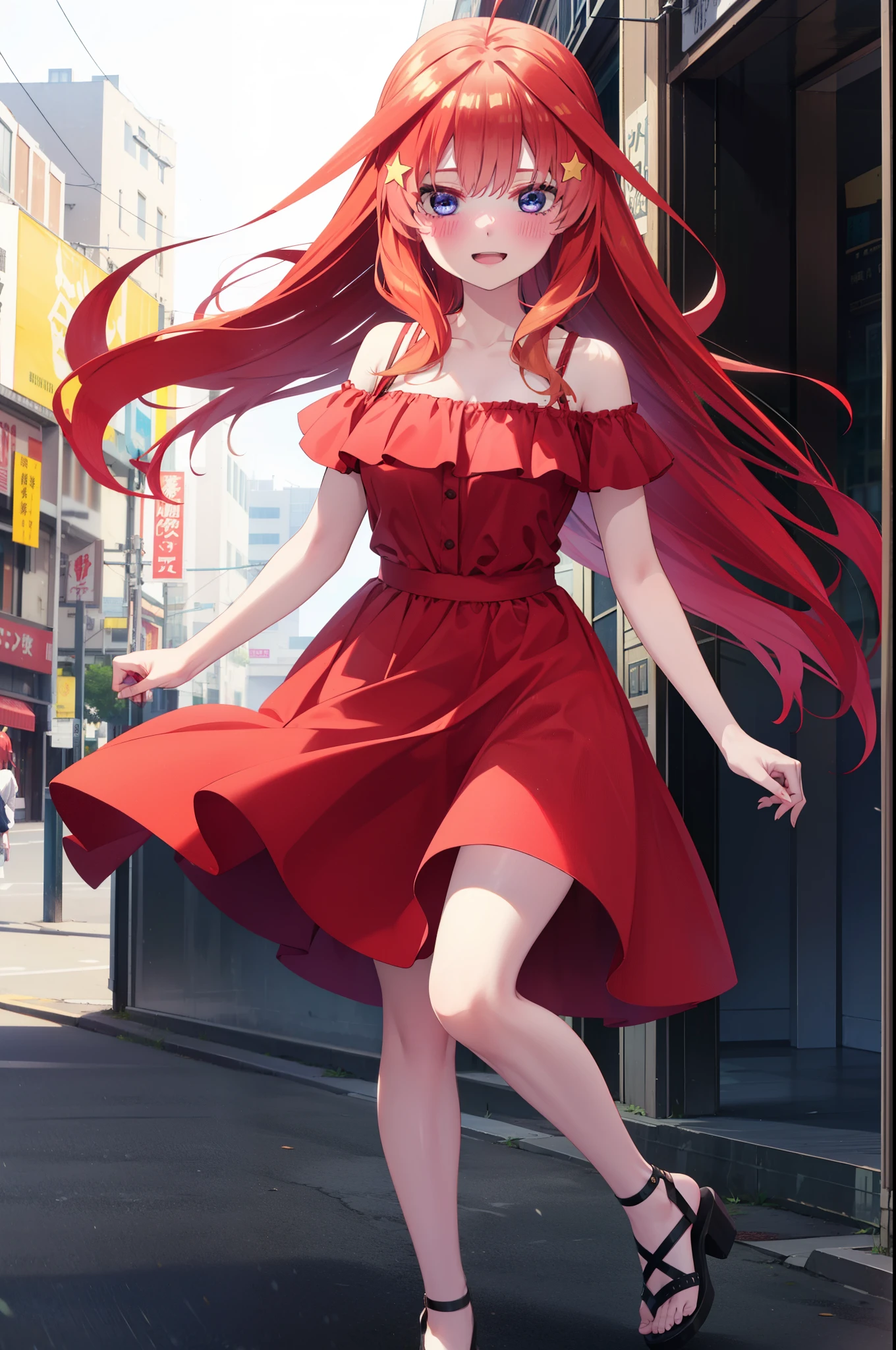 itsukinakano, Itsuki Nakano, bangs, blue eyes, Hair between the eyes, Ahoge, Redhead, star \(symbol\), hair ornaments, star hair ornaments,star型ペンダント,happy smile, smile, Open your mouth,Off-the-shoulder red dress,Bare shoulders,Spring collarbone,Bare neck,Bare arms,Red long skirt,Cute heeled sandals,True Summer,Daytime,Clear skies,My hair is blowing in the wind,whole bodyがイラストに入るように,
break outdoors, In town,海岸通り
break looking at viewer, whole body,
break (masterpiece:1.2), highest quality, High resolution, unity 8k wallpaper, (figure:0.8), (Beautiful fine details:1.6), Highly detailed face, Perfect lighting, Highly detailed CG, (Perfect hands, Perfect Anatomy),