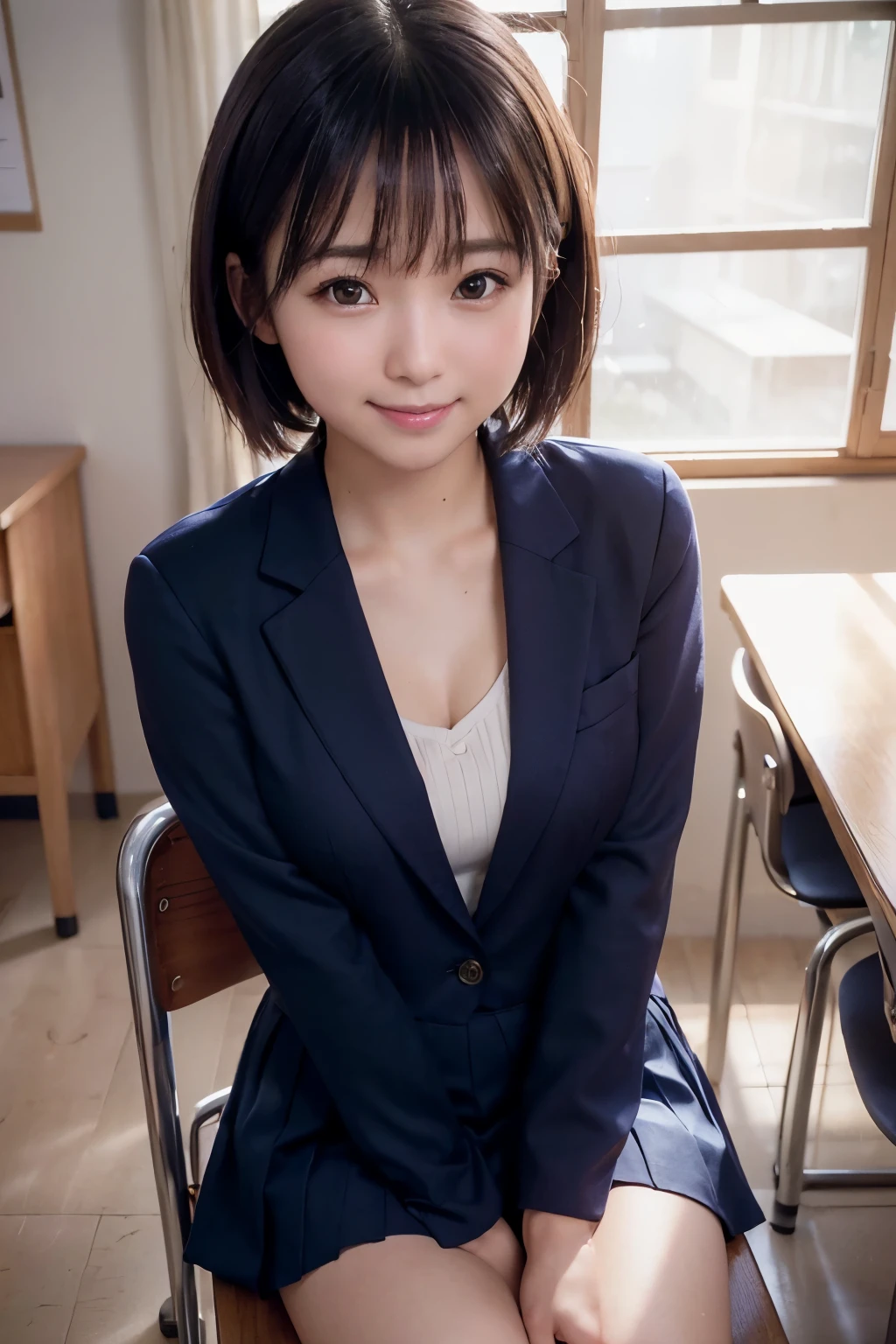 best quality, face focus, soft light, (depth of field) ,ultra high res, (photorealistic:1.4), RAW photo,(upper waist:1.4) ,
1japanese girl, solo, cute, (shy, smile:1.1), (brown eyes), detailed beautiful face, (short hair ),
High School Classroom, (sit chair),
(school uniform:1.4,navy skirt,navy Blazer)