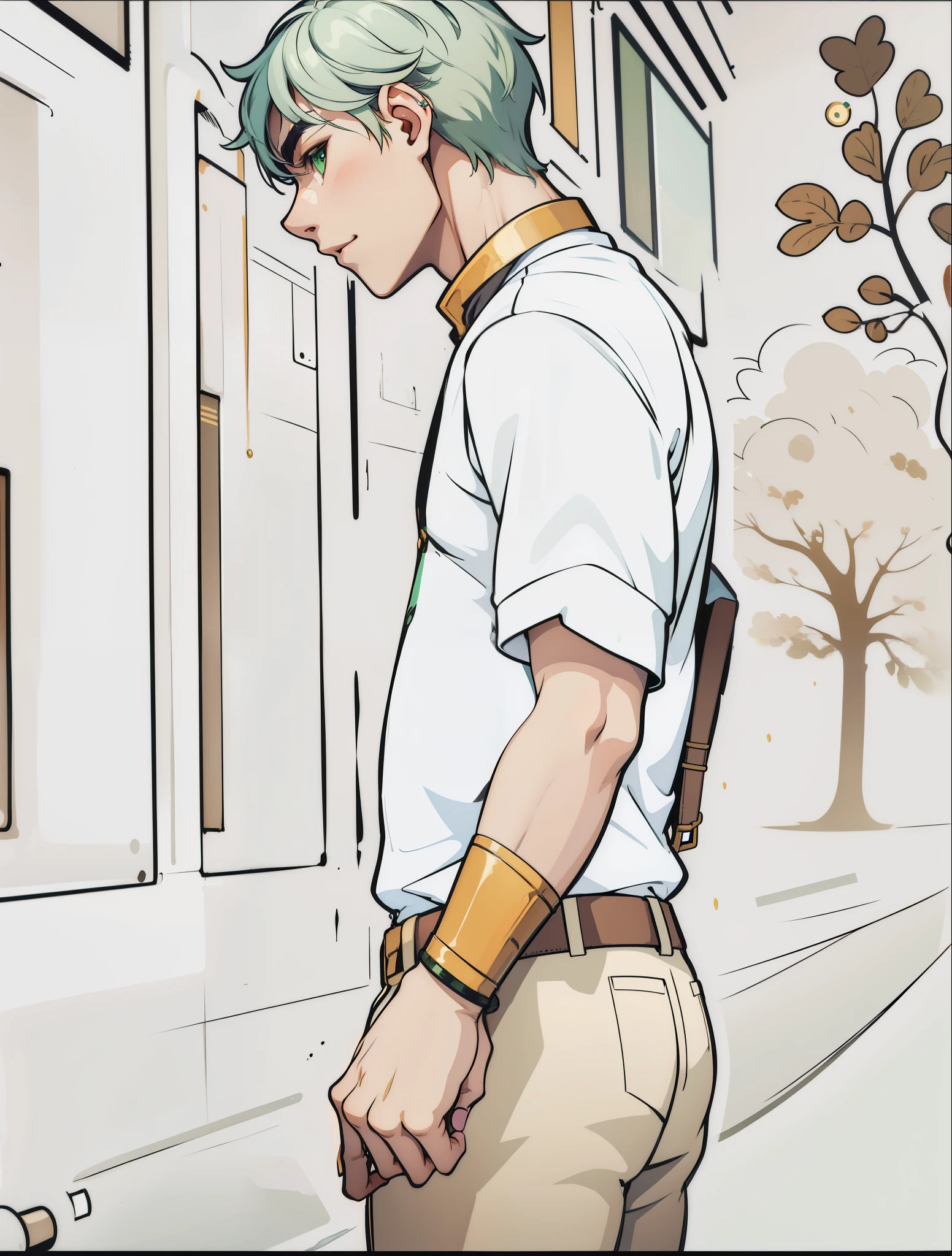 cute 17 year old boy with golden bracelets on his arms green eyes