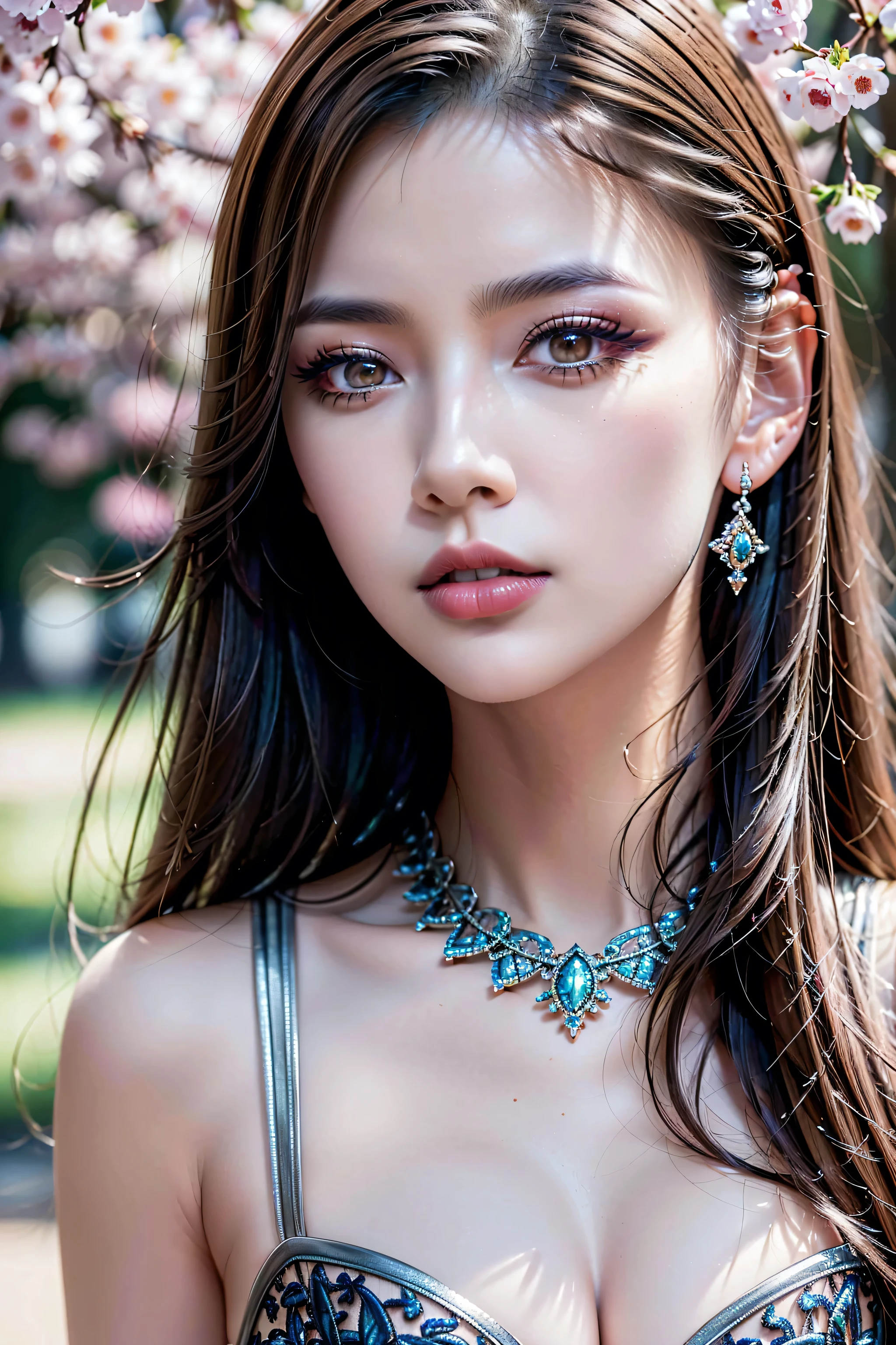 (1girl:1.35, 20-year-old), Realism, highest resolution, photorealistic, (highest quality realistic texture skin), ((highest quality realistic texture brown hair, ((slicked to the side)), incredibly intricate detailed:1.35)), (outside,an orchard of blooming cherry trees:1.3),((perfect proportions)), ((anatomically correct, very small round head:1.3)), ((firm and full breasts:1.3)), (high detailed Super beautiful slim and sharp-face), (best, highest detailed realistic brown_eyes:1.2), (light pale complexion), (extremely realistic sharp-eyes)), finely detailed pupils, detailed lips:1.3, (long_blue_eyeliner:1.15), (pink_lipstick:1.25), ((perfect silver_eyeshadows:1.2)), (Detailed nose:1.2), (Upper body shot), ((highly elaborate extravagant microscopic street outfit:1.25)), close up of her face, exquisite balance of shadows,perfect composition, ((look at the viewer)), Hasselblad, 85mm f/4.0, impeccable body posture, upright, self-confident, telephoto lens, (the most absurd quality), (masterpiece),